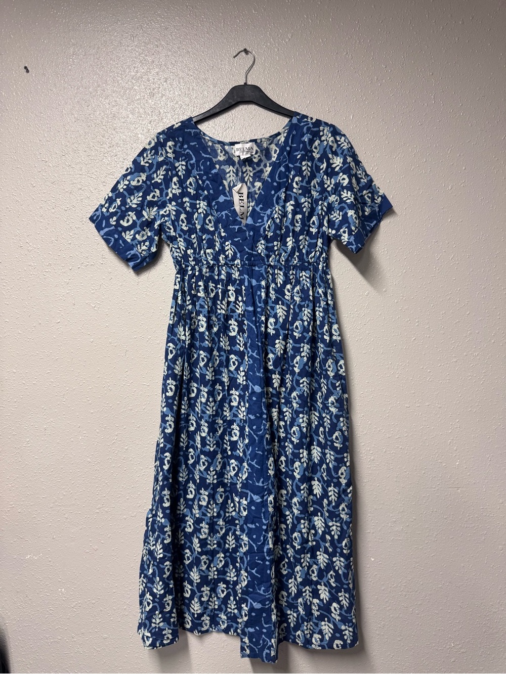 Navy Blue Floral Midi Dress with V-Neck